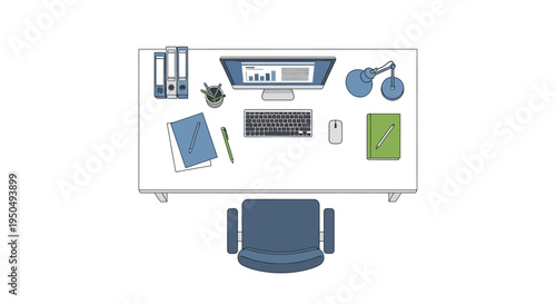 Modern Office Desk Top View: Computer, Chair, Notebooks, Lamp, Plant