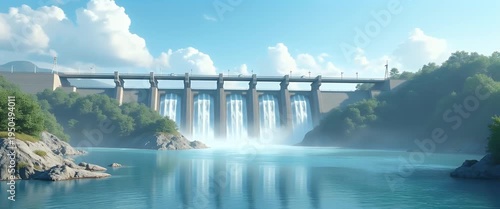 Majestic dam releases cascading water as clouds drift overhead, captured in a cinematic slow pan, highlighting sustainable energy and serene landscapes with gentle ambient motion.