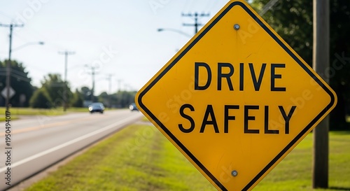 Prominent cautionary traffic sign advises motorists to operate vehicles with caution near a roadway