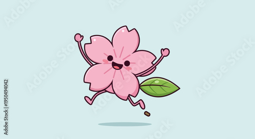 Happy Cherry Blossom Character Dancing Joyfully on Light Blue Background