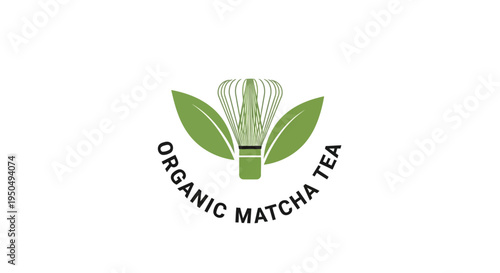 Organic Matcha Tea Logo with Whisk and Leaves