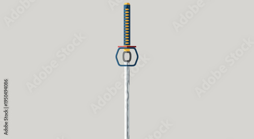 Japanese Katana Sword with Blue and Gold Handle on Gray Background