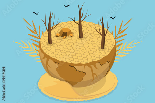3D Isometric Flat Vector Illustration of Desertification, Turning Desert Into Fertile Land For World Day