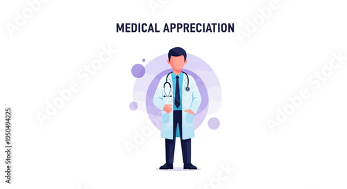 Illustration of a doctor wearing a stethoscope on Doctors' Day in the US, celebrating medical appreciation with a purple background