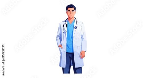An illustration of a male doctor wearing a stethoscope and lab coat with a friendly expression on a plain background, symbolizing medical appreciation
