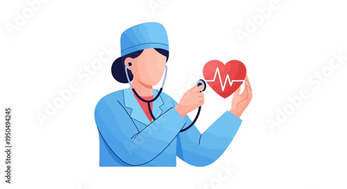 A female doctor in blue attire holds a stethoscope to a red heart with a heartbeat line on Doctors' Day in the USA, symbolizing medical appreciation and healthcare