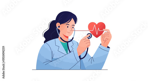 A female doctor in a blue coat holds a stethoscope to a red heart with an ECG line, symbolizing medical appreciation on Doctors' Day in a simple illustration