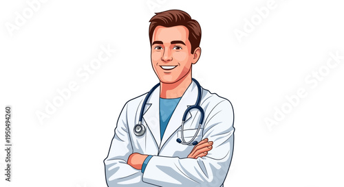 A smiling male doctor with a stethoscope around his neck stands confidently with arms crossed on a clean white background, symbolizing medical appreciation on Doctors' Day in the USA