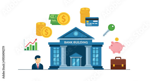 A cartoon illustration of a bank building with a businessman and various financial symbols surrounding it.