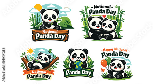 Collection of national panda day emblems featuring different panda activities