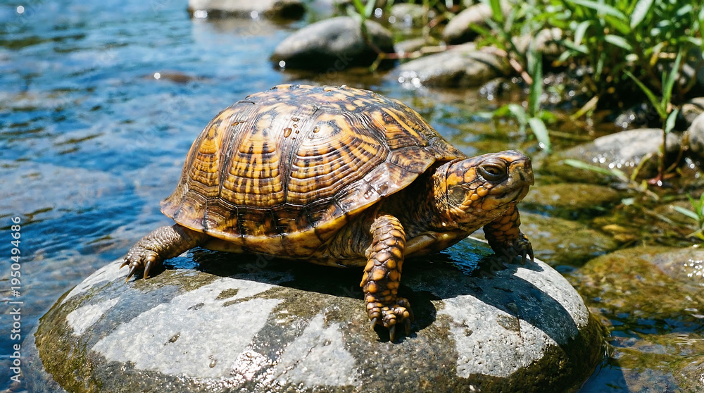 Fototapeta premium An Eastern box turtle basking on a smooth grey river rock in the natural sunlight.
