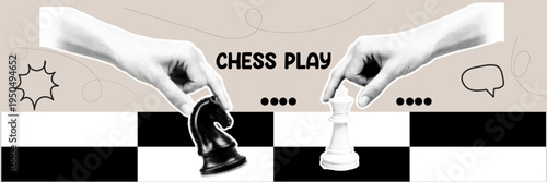 Halftone pop art dot chess board knight piece king piece hand strategy game competition planning vector illustration