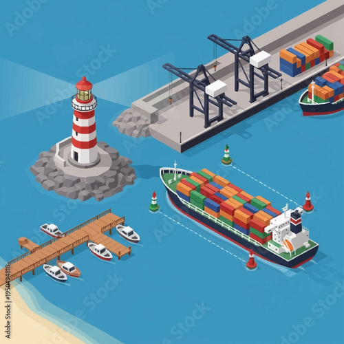 Container Ship Docked at Industrial Port with Lighthouse.