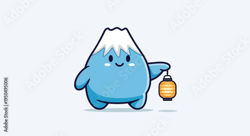 Cute Cartoon Fuji Mountain Character Holding Lantern, Kawaii Japanese Icon