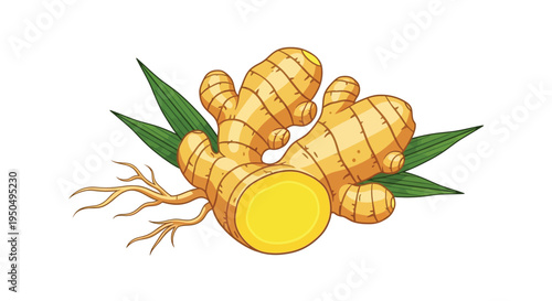 A vibrant illustration of fresh ginger roots with green leaves on a white background