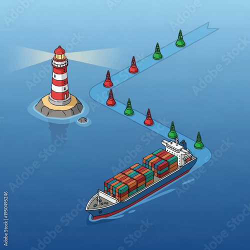 Container Ship Navigating Maritime Channel Guided by Lighthouse.