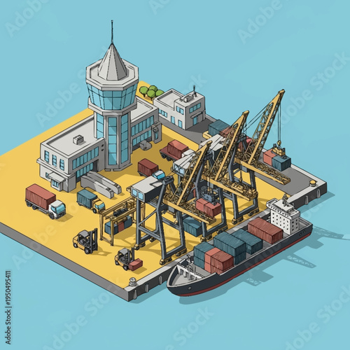 Isometric Port Scene with Cranes and Cargo Ship.