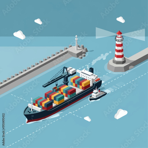 Container Ship Navigating Towards Port with Tugboat Assistance.