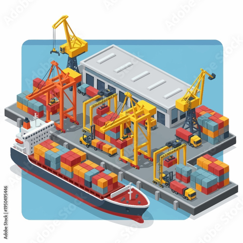 Isometric Port Scene with Cargo Ship and Cranes.