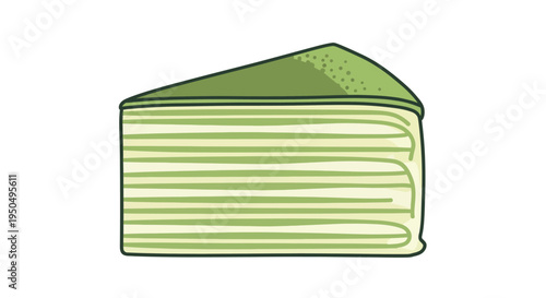 Slice of Green Tea Mille Crepe Cake with Cream Layers, Dessert Illustration