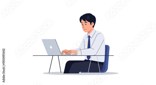Young Asian businessman working on laptop at office desk, focused on computer screen