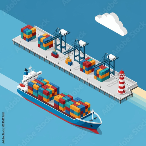 Container Ship Docked at Industrial Port with Cranes.