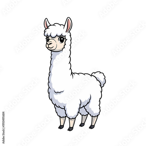 A cartoon white llama standing on a transparent background with a black space