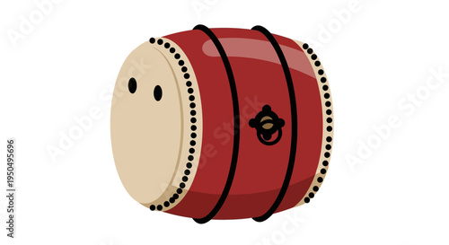 Cartoon Japanese Taiko Drum with Cute Face, Isolated on White Background