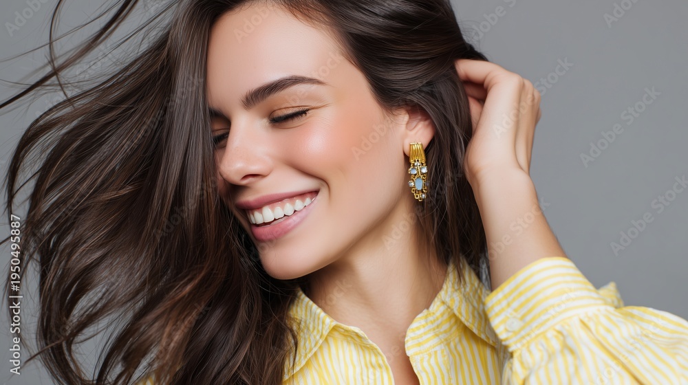Fototapeta premium woman with brunette hair and golden earrings smiling on grey background