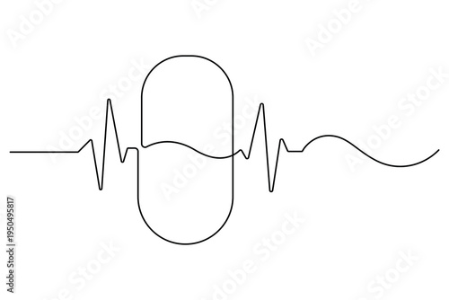 Minimalist monoline pill capsule with cardiogram pulse line modern medical vector design
