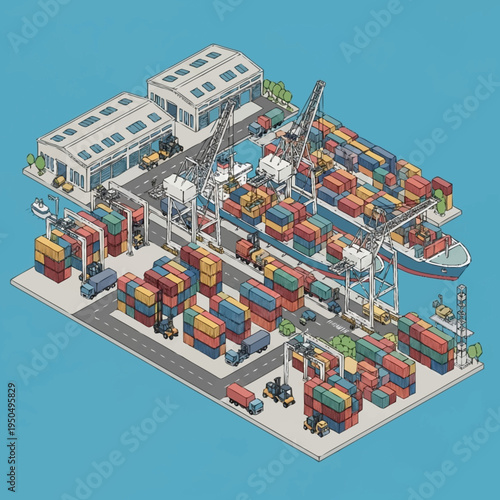 Isometric Container Port with Cargo Ship and Cranes.
