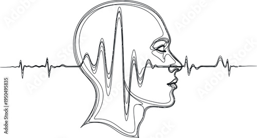 A black and white illustration of a human head in profile with an ecg heartbeat line running through it isolated on transparent background