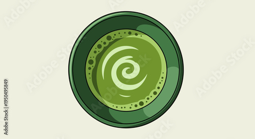 Green Matcha Tea Bowl with Swirl Foam Art - Top View