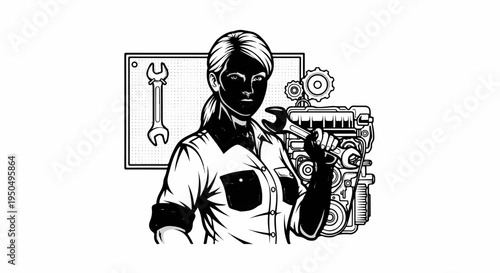 Confident female mechanic holding wrench near engine, tools displayed