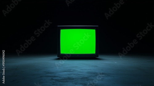 Retro vintage television set with green screen on a dark concrete floor in a dark room