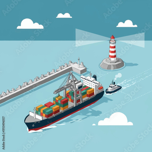 Container Ship Navigating Towards Port with Tugboat Assistance.