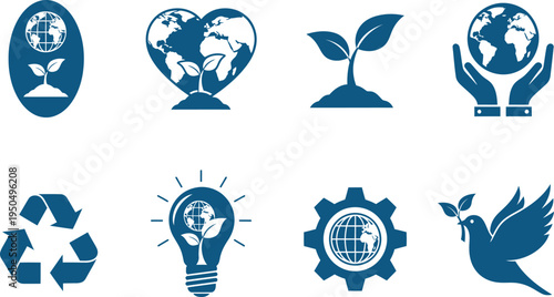 Eight blue eco friendly icons isolated on transparent background