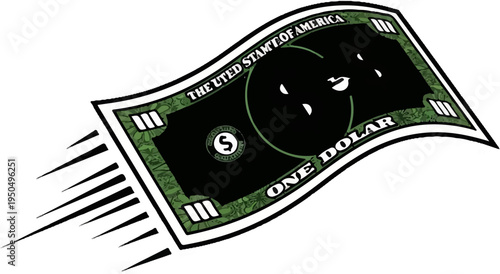 A stylized one dollar bill billows and streaks with motion blur