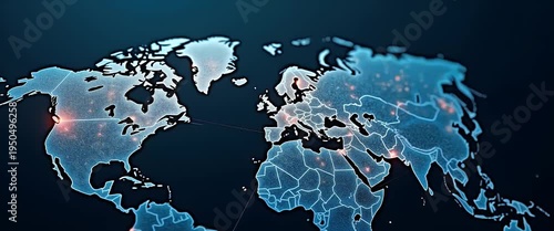 Illuminated world map with glowing network lines; camera gently pans across continents as lights flicker, showcasing technology and global connectivity in a cinematic style.