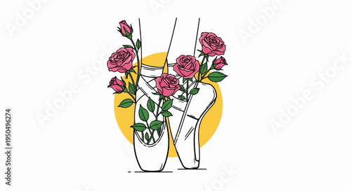 Ballet slippers adorned with pink roses against a yellow circle