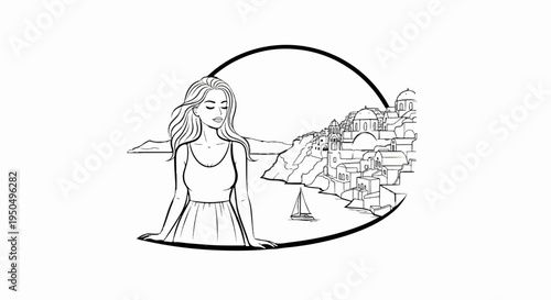 A serene woman enjoys a picturesque coastal village view with a sailboat