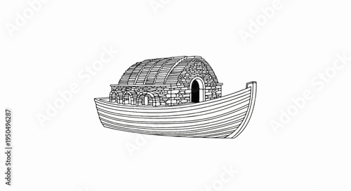 Ancient vessel with stone structure and arched openings, detailed drawing