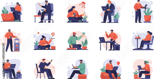 Diverse people engaged in various remote work activities