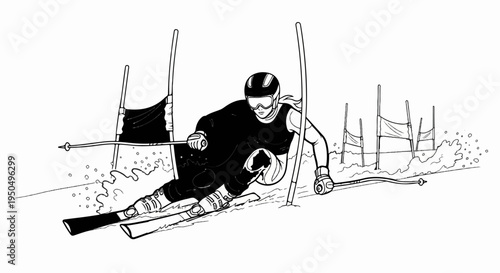 A skier races through gates, kicking up snow and spray