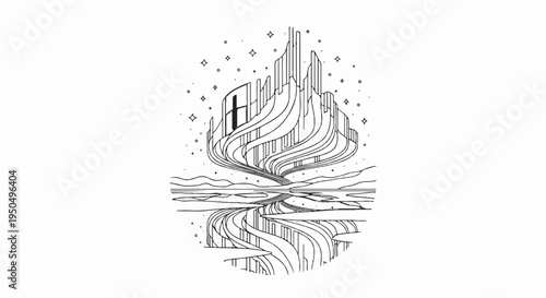 Swirling abstract structure with celestial lights reflects in tranquil water