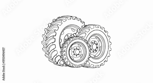 A trio of tractor tires, varying in size, are drawn in black and white