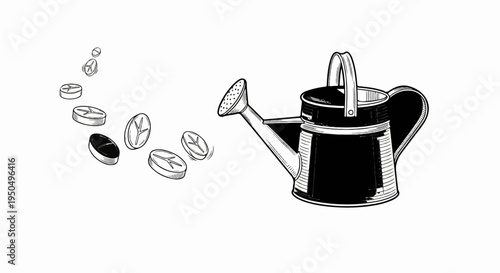 Watering can pouring coins shaped like leaves into a black void