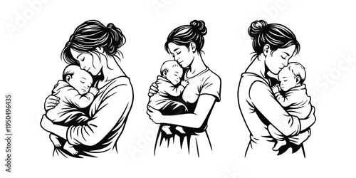 Mother Holding Newborn Baby, Tender Motherhood Line Art Illustration Set