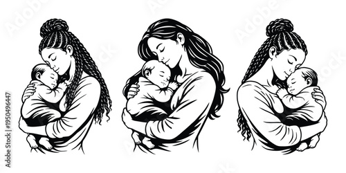 Mother Holding Newborn Baby, Tender Motherhood Line Art Illustration Set