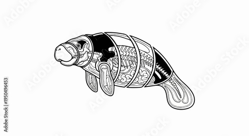Anatomical cross-section of a marine mammal, revealing skeletal and organ structures